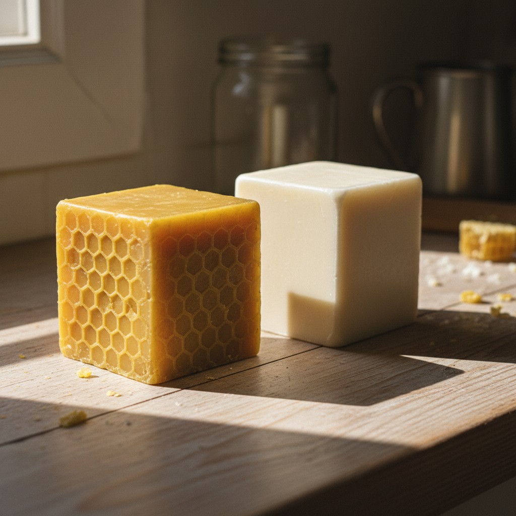 Golden beeswax and creamy soy wax blocks side by side on a wooden counter