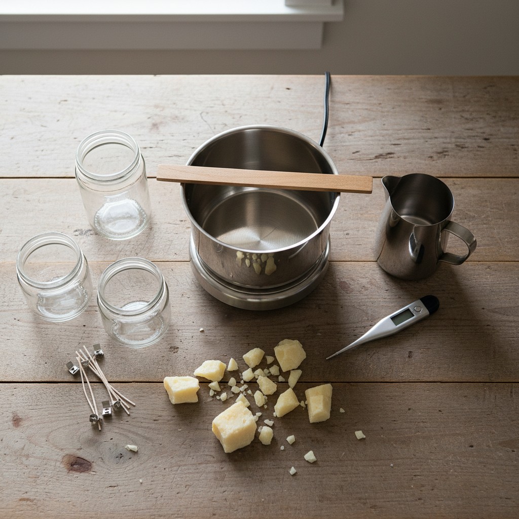 Candle making equipment including double boiler, pouring pitcher, and thermometer