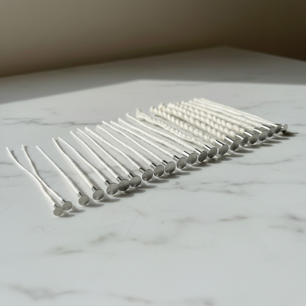 Assortment of cotton candle wicks in different sizes with metal tabs