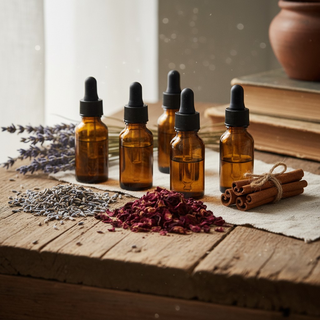 Amber essential oil bottles with dried lavender, roses, and cinnamon sticks