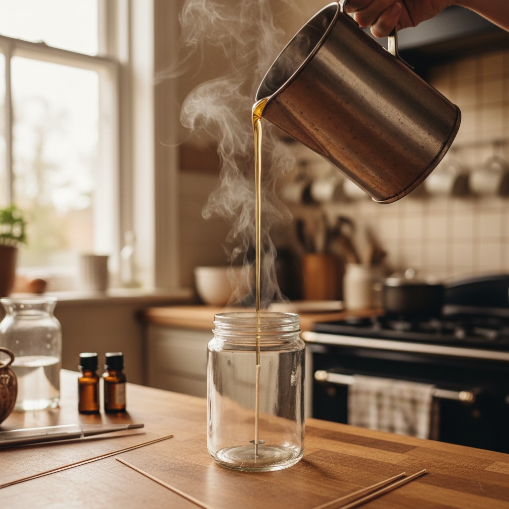 Pouring molten golden wax from a pitcher into a glass jar with a centered wick