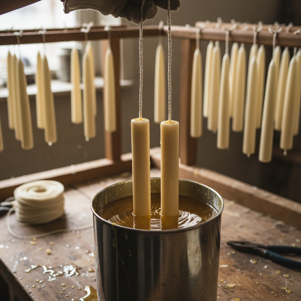 Hand-dipping cotton wicks into molten beeswax to form tapered candles