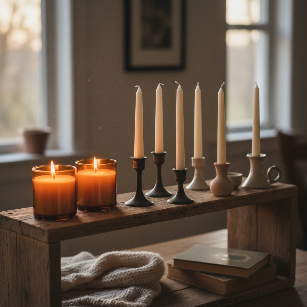 Finished homemade jar candles and beeswax tapers glowing warmly on a shelf