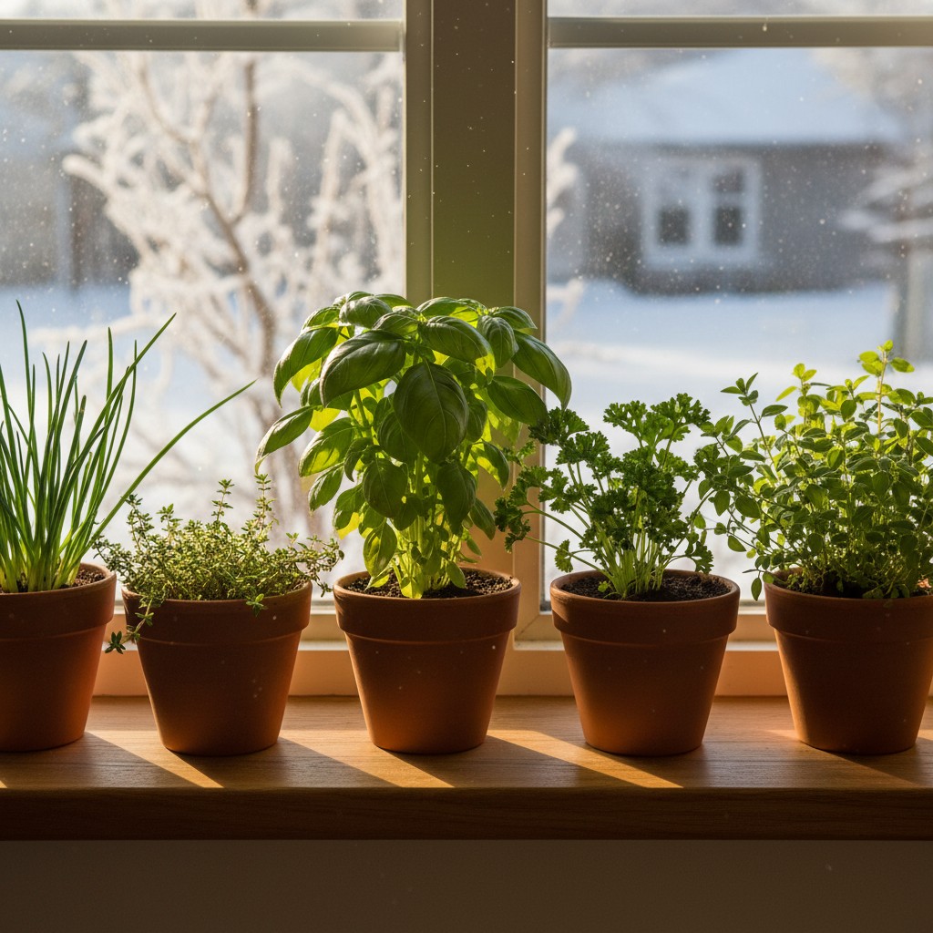 Sunny kitchen windowsill with pots of basil parsley chives thyme and oregano
