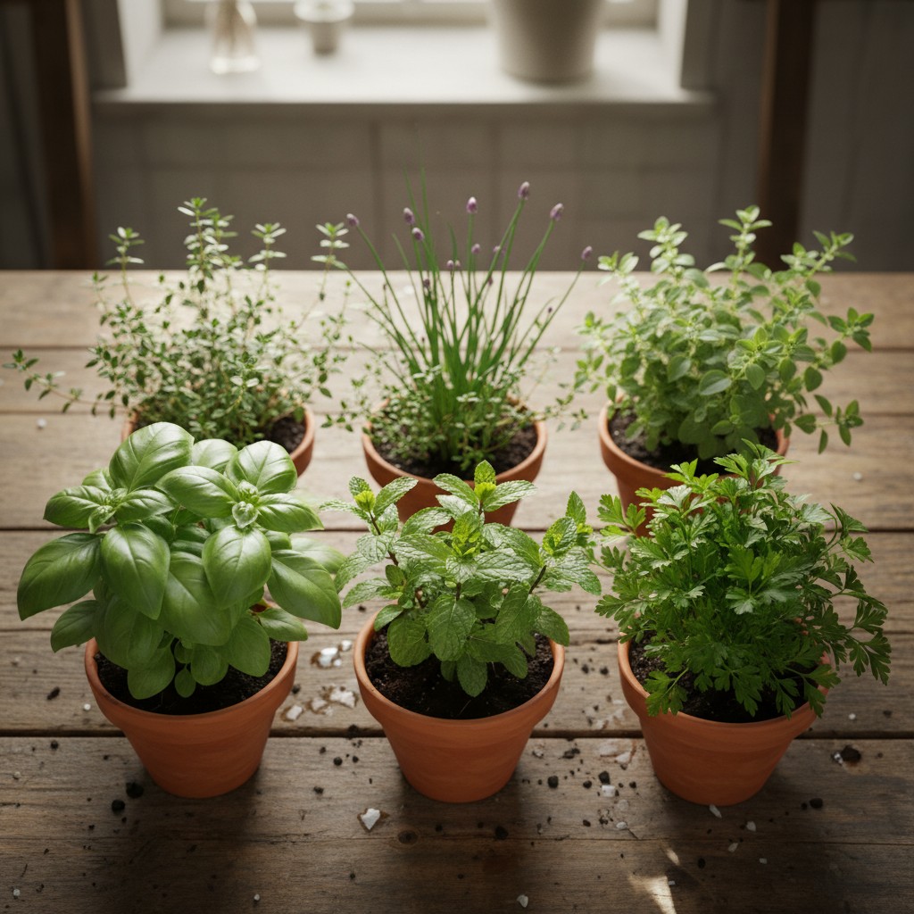 Overhead of six pots of basil mint parsley thyme chives and oregano
