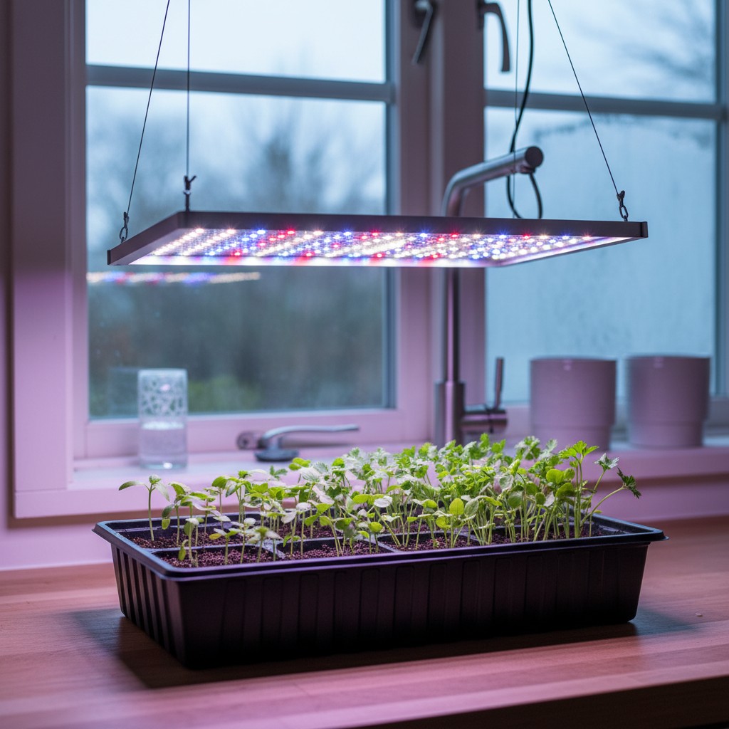 Full-spectrum LED grow light over a tray of basil and parsley seedlings