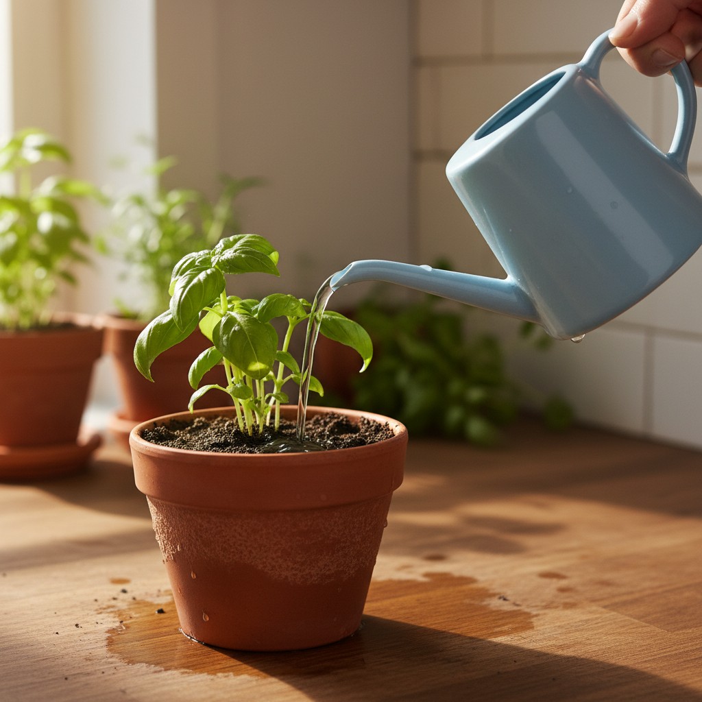 Ceramic watering can watering a potted basil plant on a kitchen counter