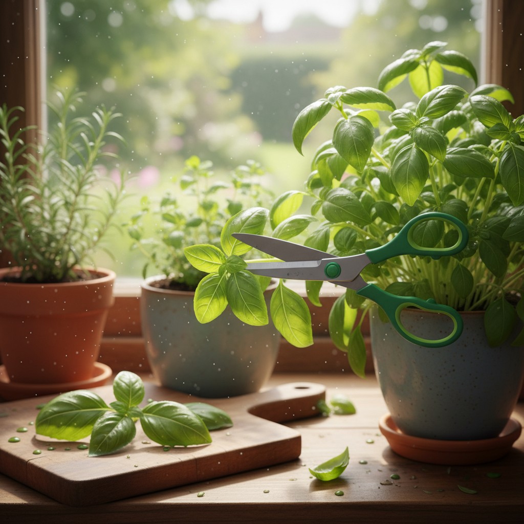 Kitchen scissors snipping fresh basil leaves from a potted plant
