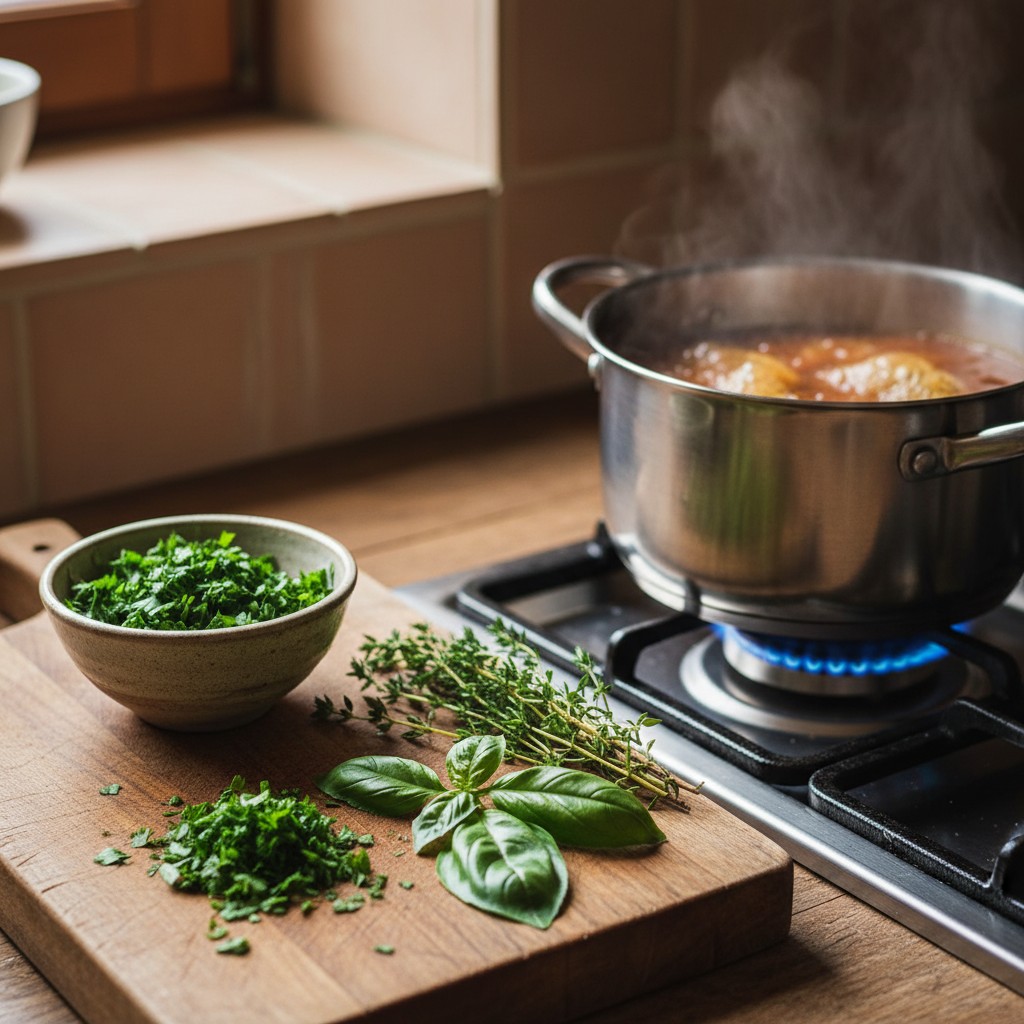Cutting board with chopped parsley thyme and basil beside a simmering pot