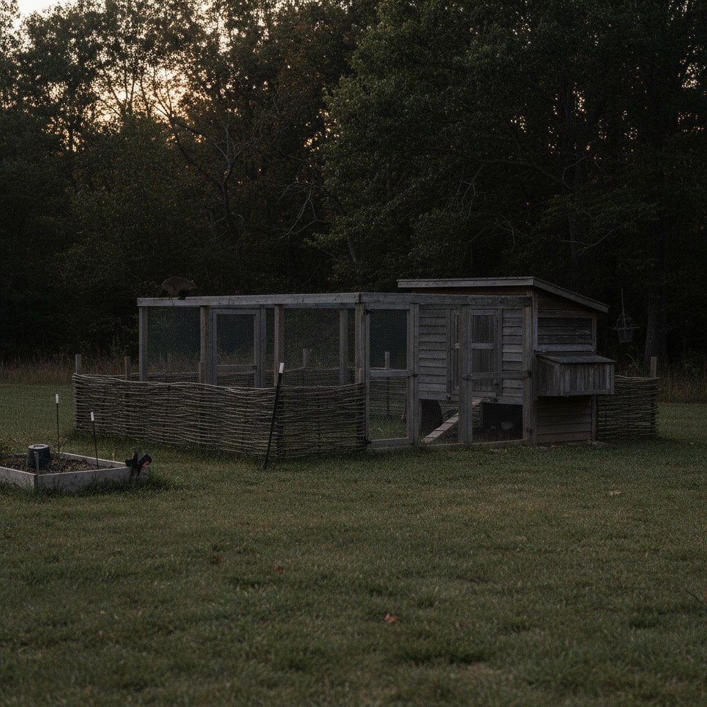 Dusk view of a secure chicken coop with a predator lurking at the treeline