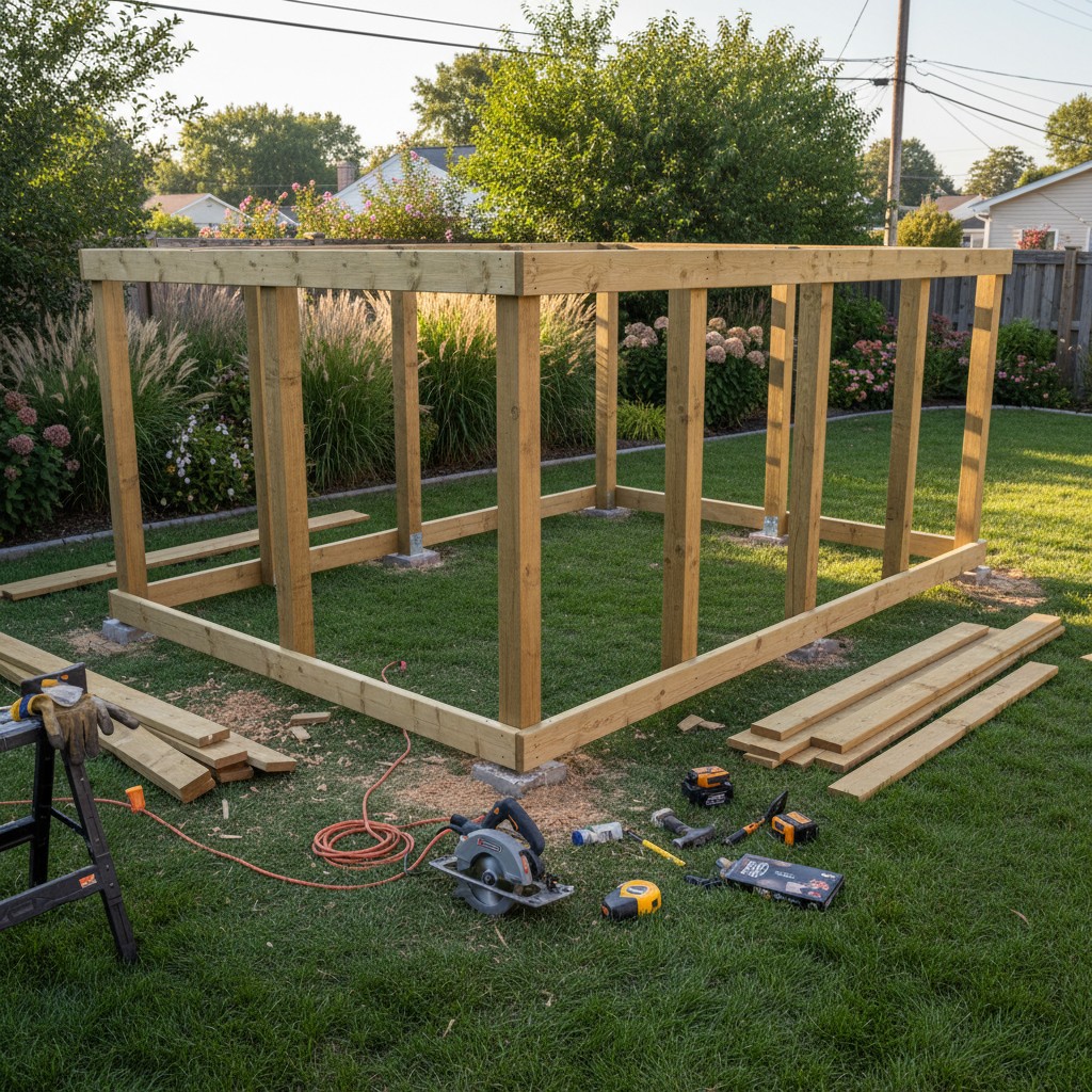Pressure-treated wooden frame for a chicken run set in concrete