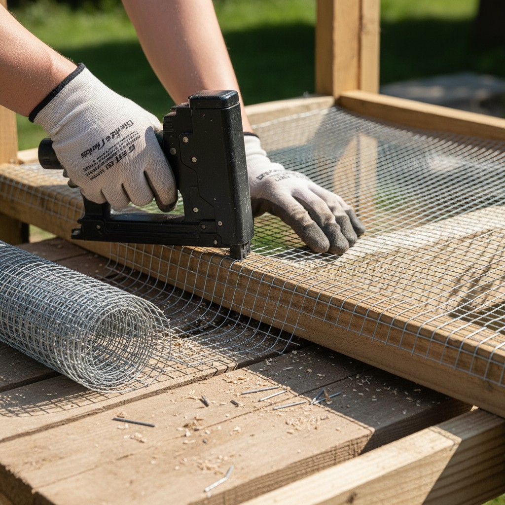 Gloved hands stapling hardware cloth to a chicken run wooden frame