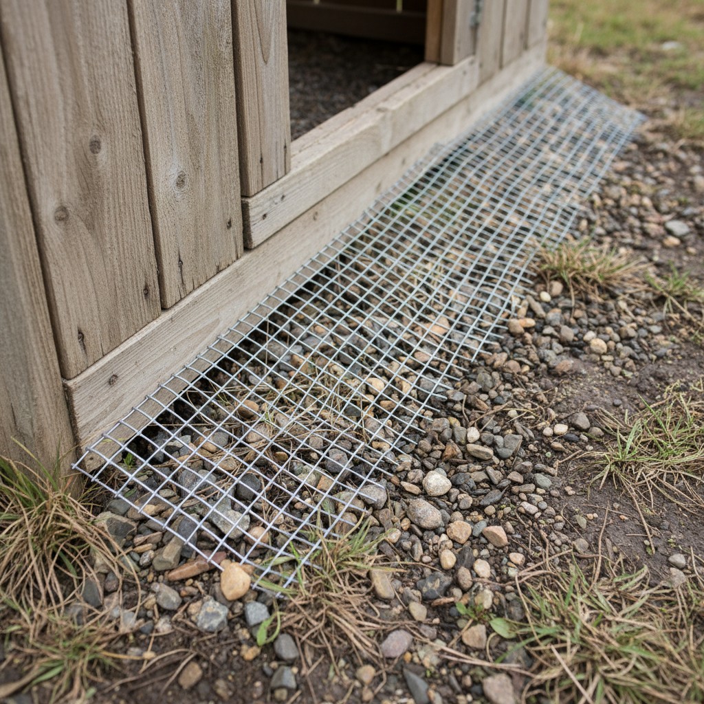 Horizontal hardware cloth apron buried around the base of a chicken run