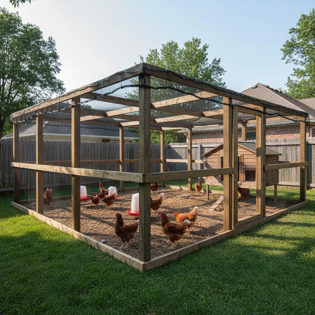 Chicken run covered overhead with aviary netting to block hawks