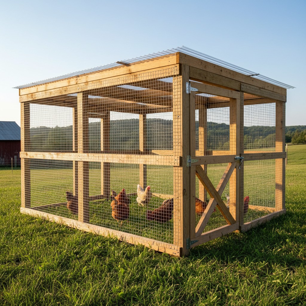 Finished predator-proof chicken run with hardware cloth and happy chickens