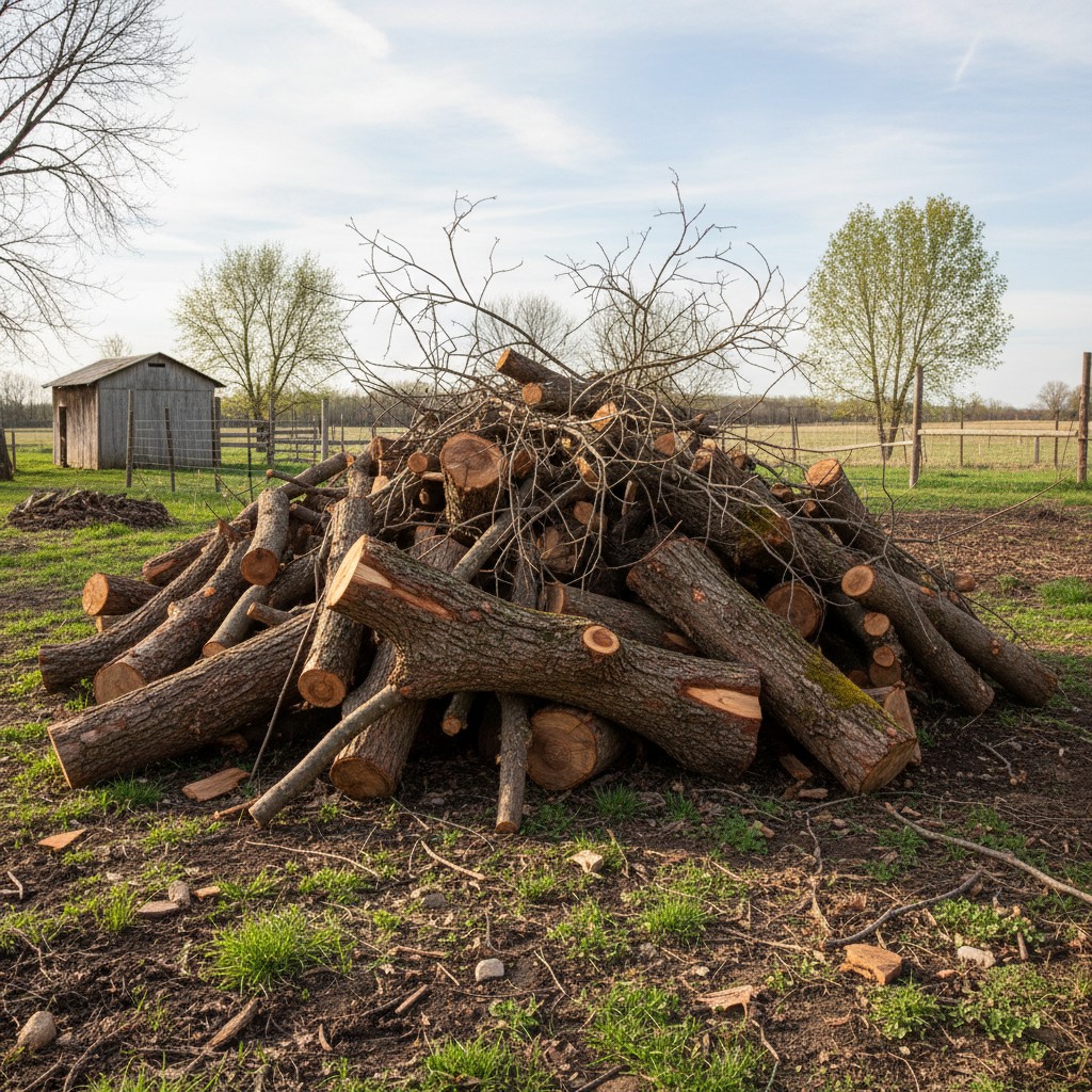 Pile of untreated oak and maple logs ready for hugelkultur base