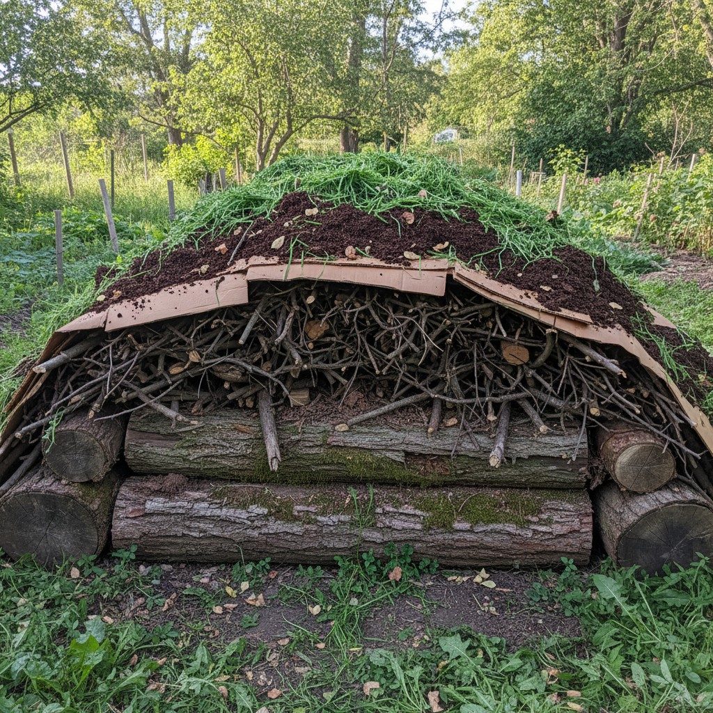 Cross-section of hugelkultur layers: logs branches cardboard and compost