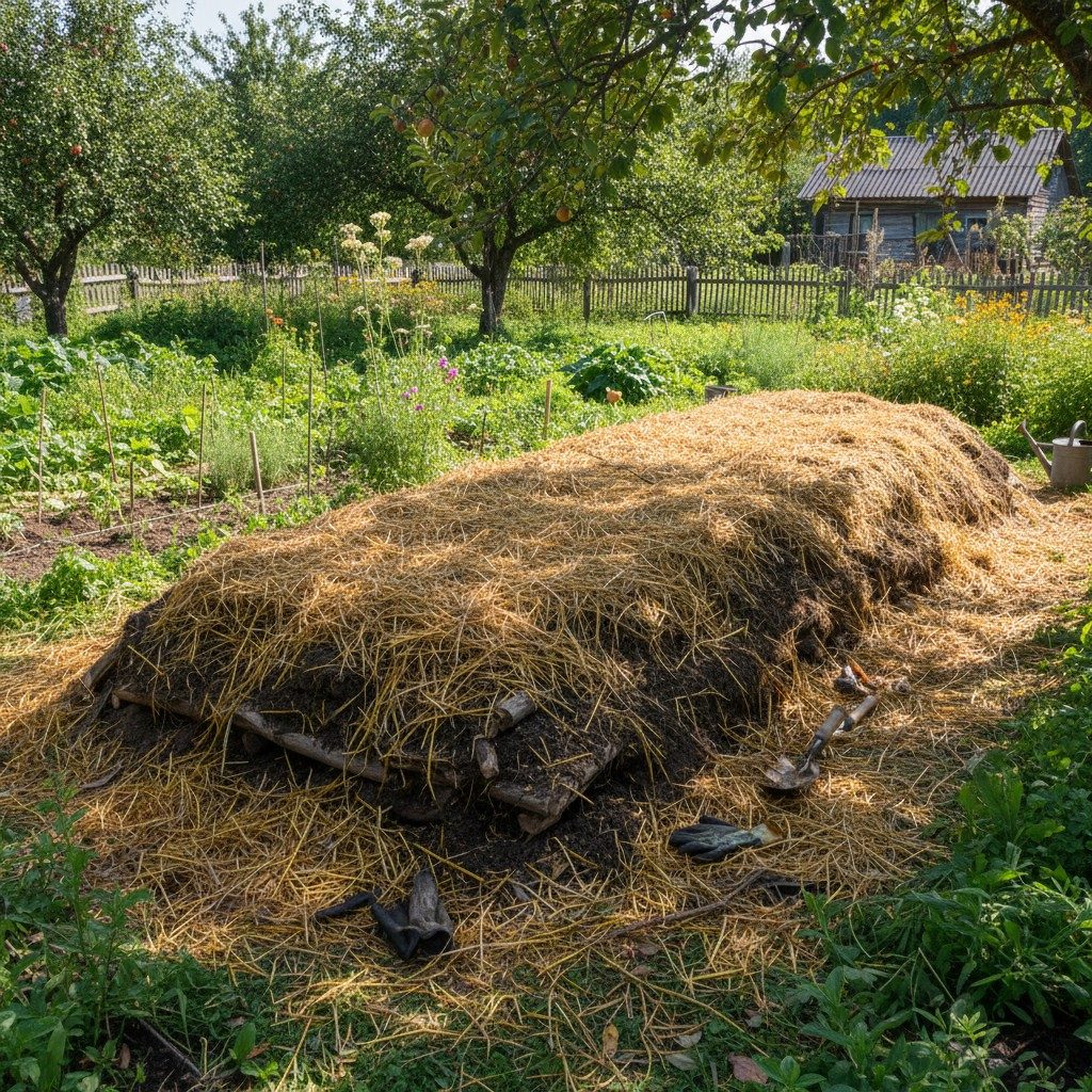Completed hugelkultur mound covered in soil and straw mulch ready to plant