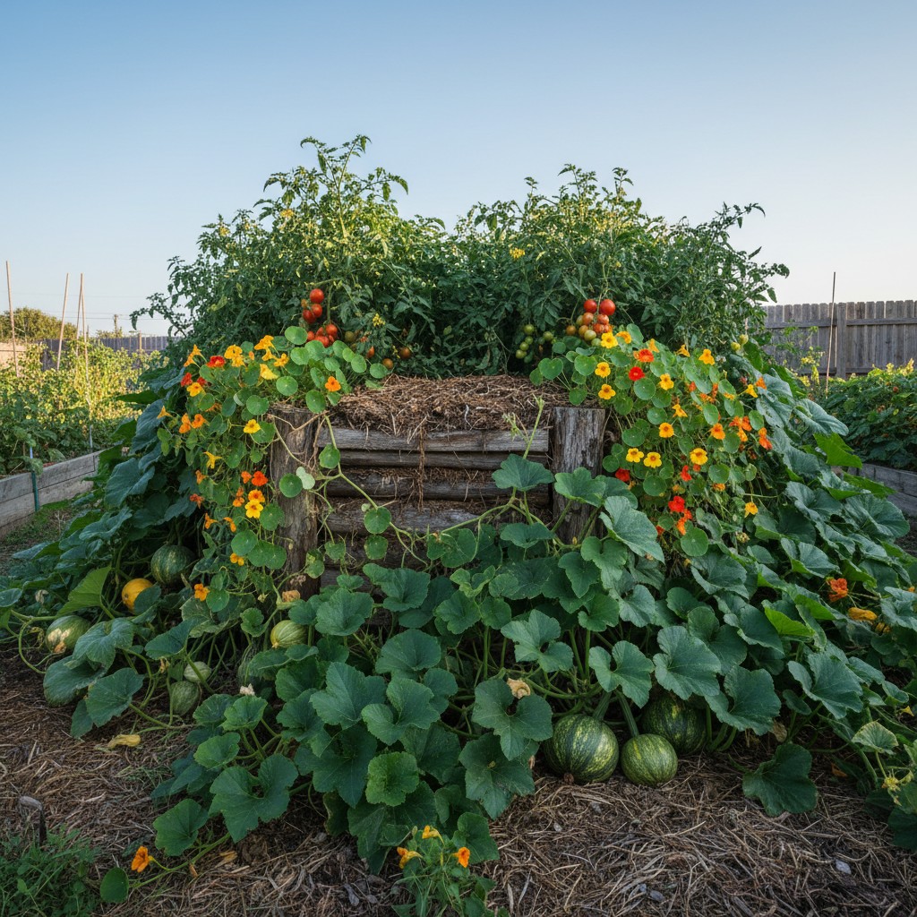 Mature hugelkultur bed with squash tomatoes and nasturtiums
