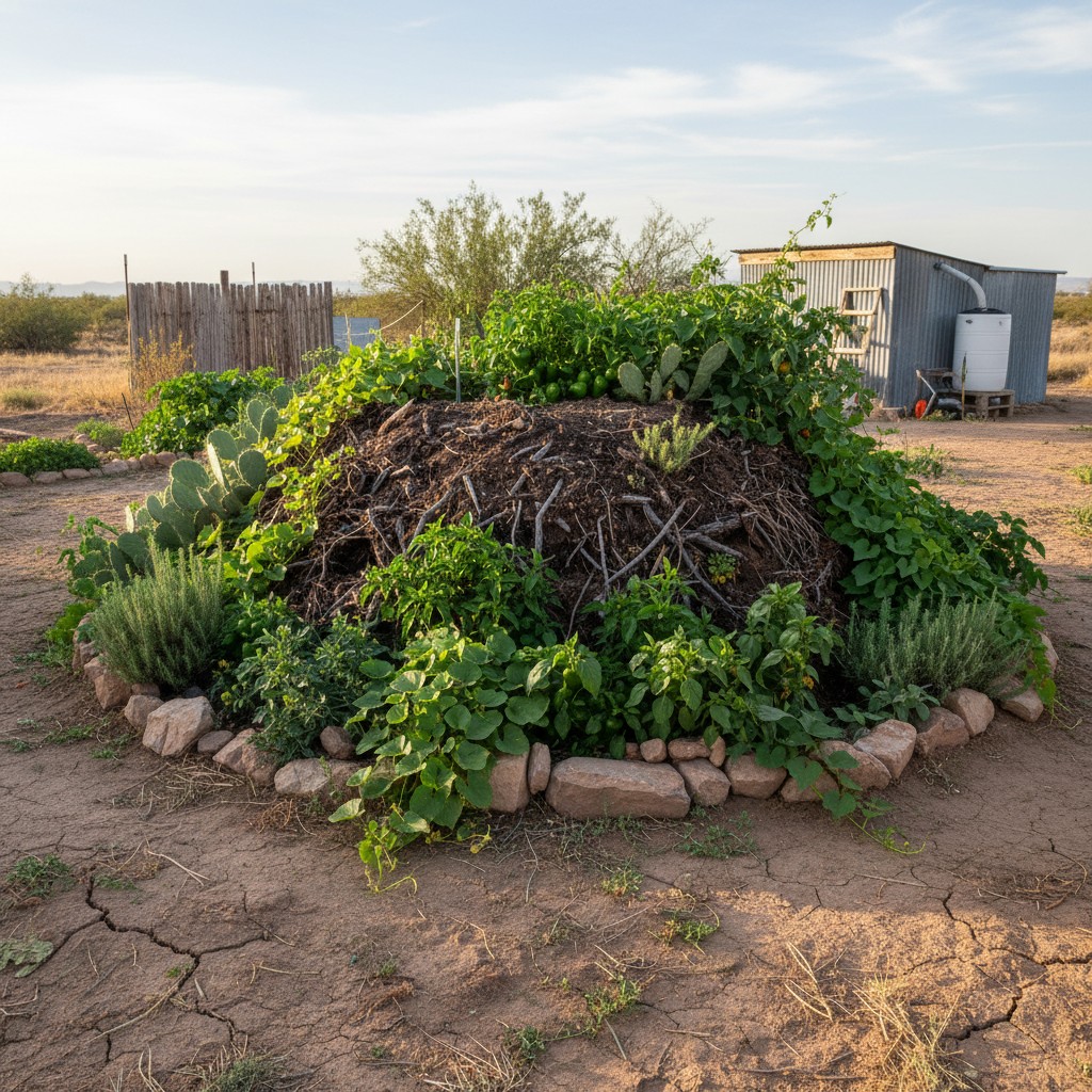 Hugelkultur bed thriving in a dry arid climate with drought-tolerant plants
