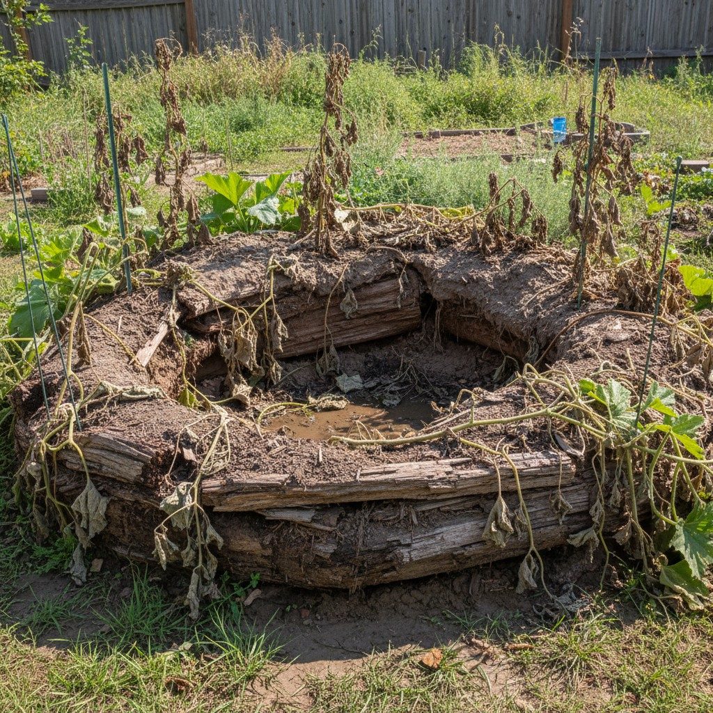 Collapsed poorly built hugelkultur bed as a cautionary example