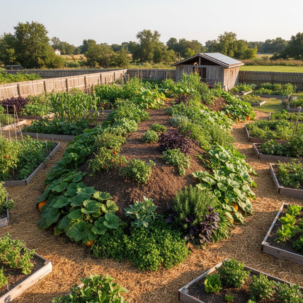 Multi-year established hugelkultur mound integrated into a homestead
