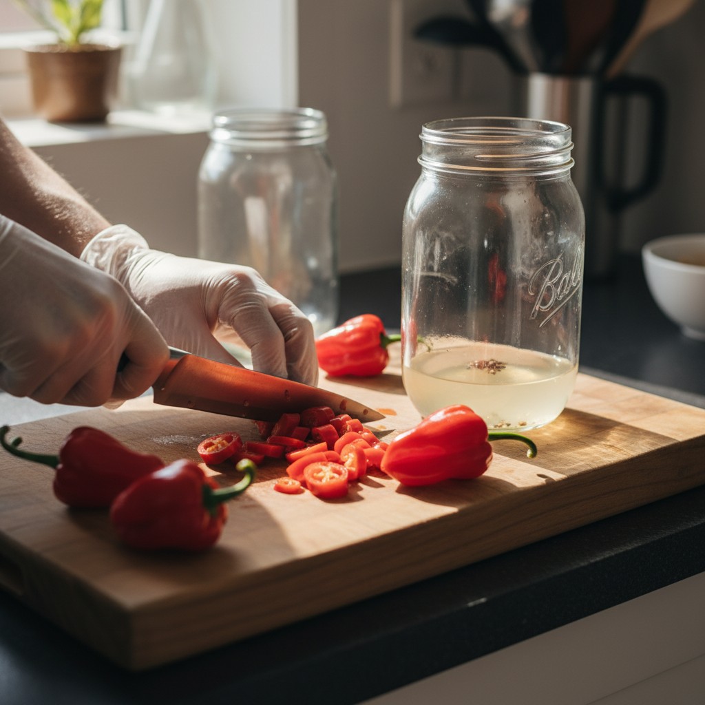 Gloved hands chopping fresh red jalapeño and habanero peppers