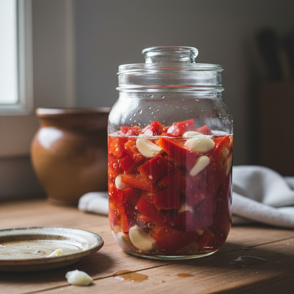 Mason jar packed with chopped peppers and garlic submerged in salt brine