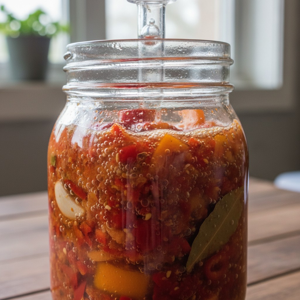 Actively bubbling fermenting hot pepper mash in a mason jar