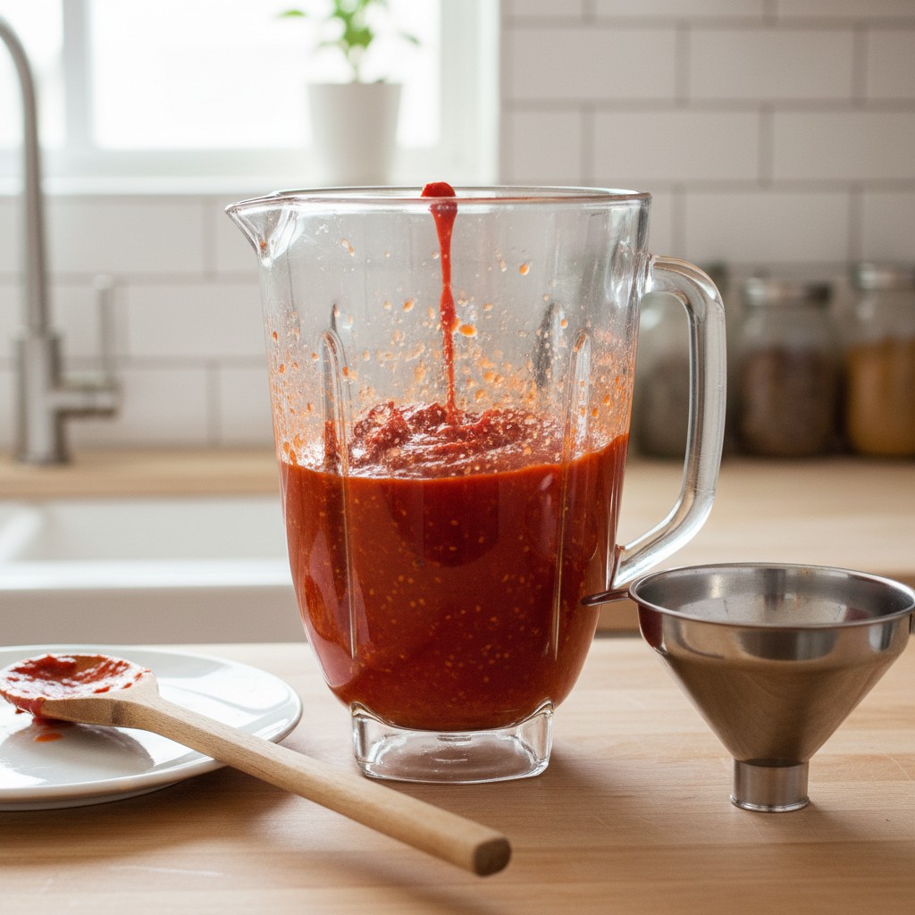 Fermented peppers being blended into smooth red hot sauce