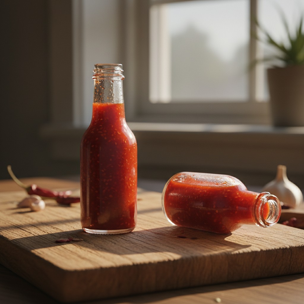 Small woozy bottles of finished homemade fermented red hot sauce