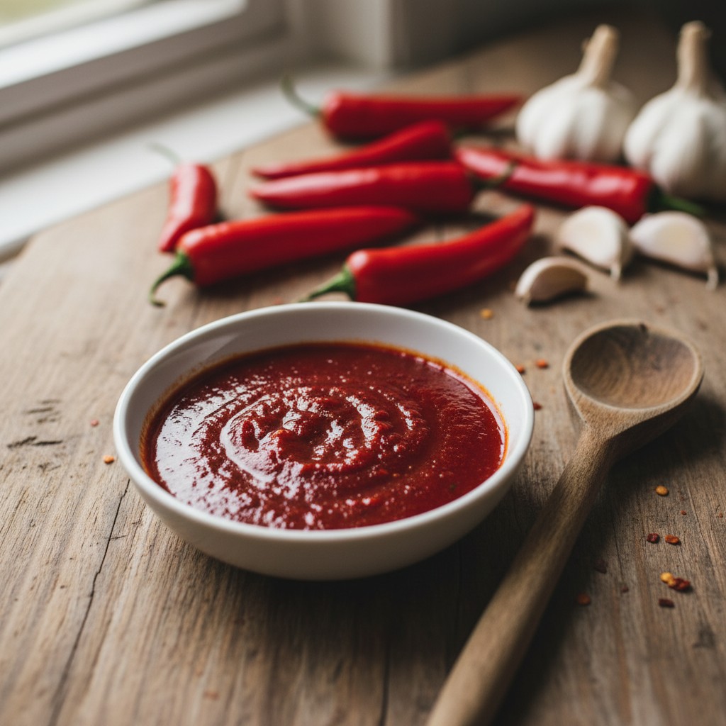 Small dish of vibrant fermented red hot sauce ready to taste