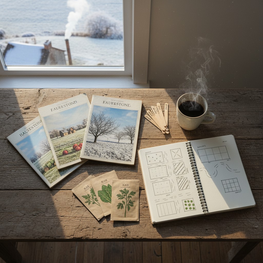 Winter homestead planning with seed catalogs notebook and seed packets