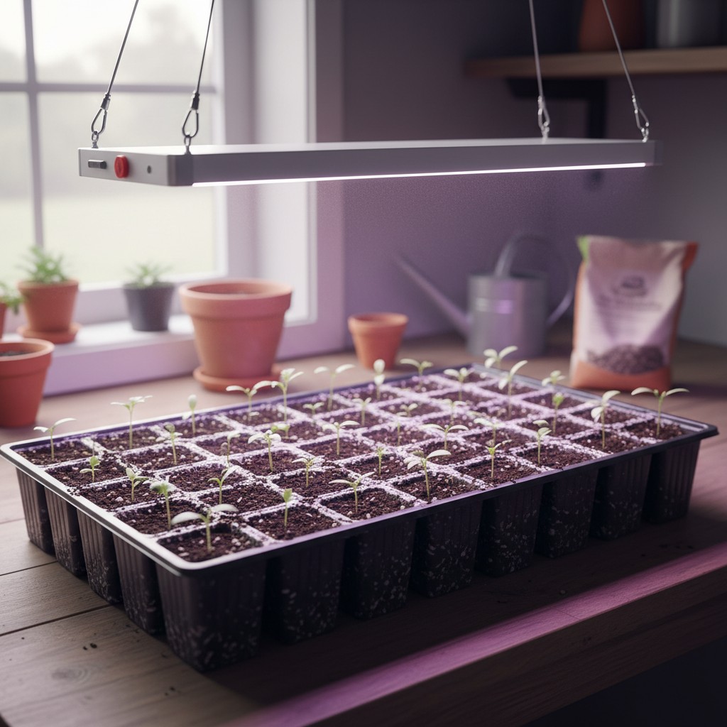 Young seedlings emerging in soil blocks under a grow light in early spring