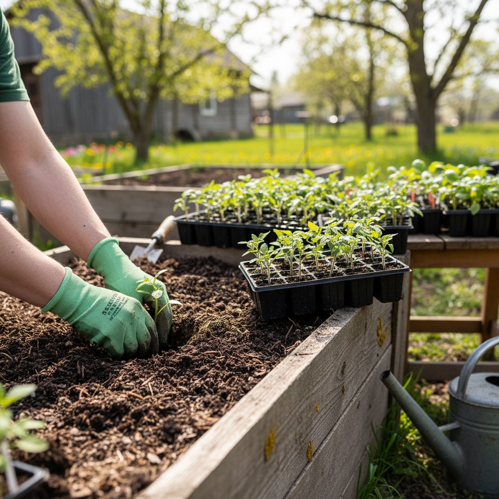 Gloved hands transplanting tomato seedlings into a raised bed
