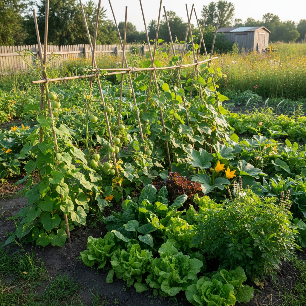 Lush early summer vegetable garden with tall staked tomatoes and greens