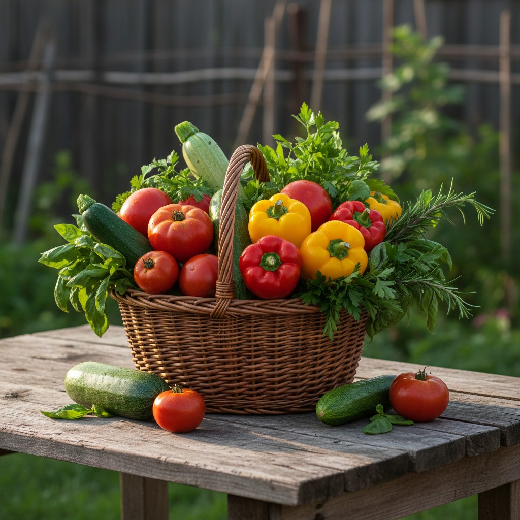 Basket overflowing with late summer tomatoes zucchini peppers and herbs