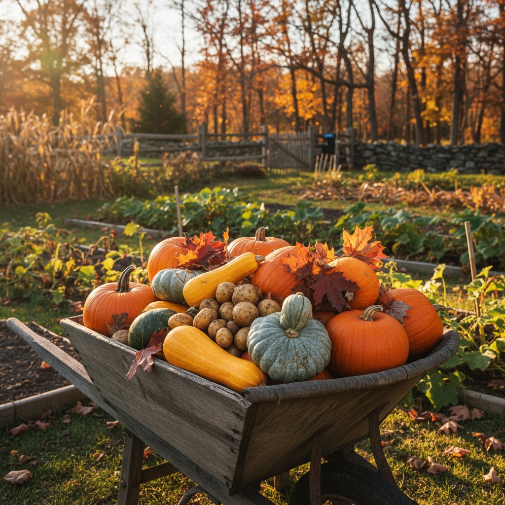 Wheelbarrow of pumpkins winter squash and potatoes in a fall garden