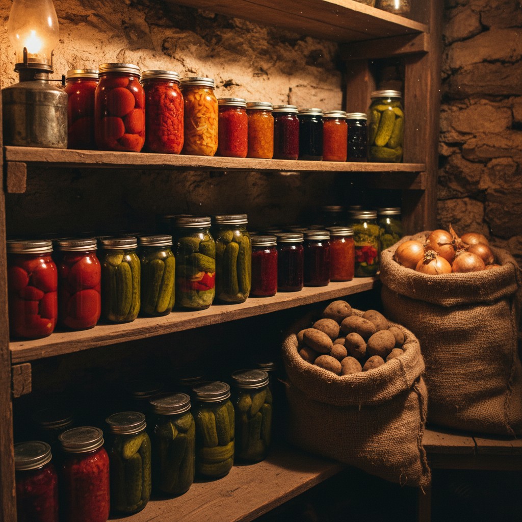 Root cellar shelf with canned tomatoes pickles jams potatoes and onions