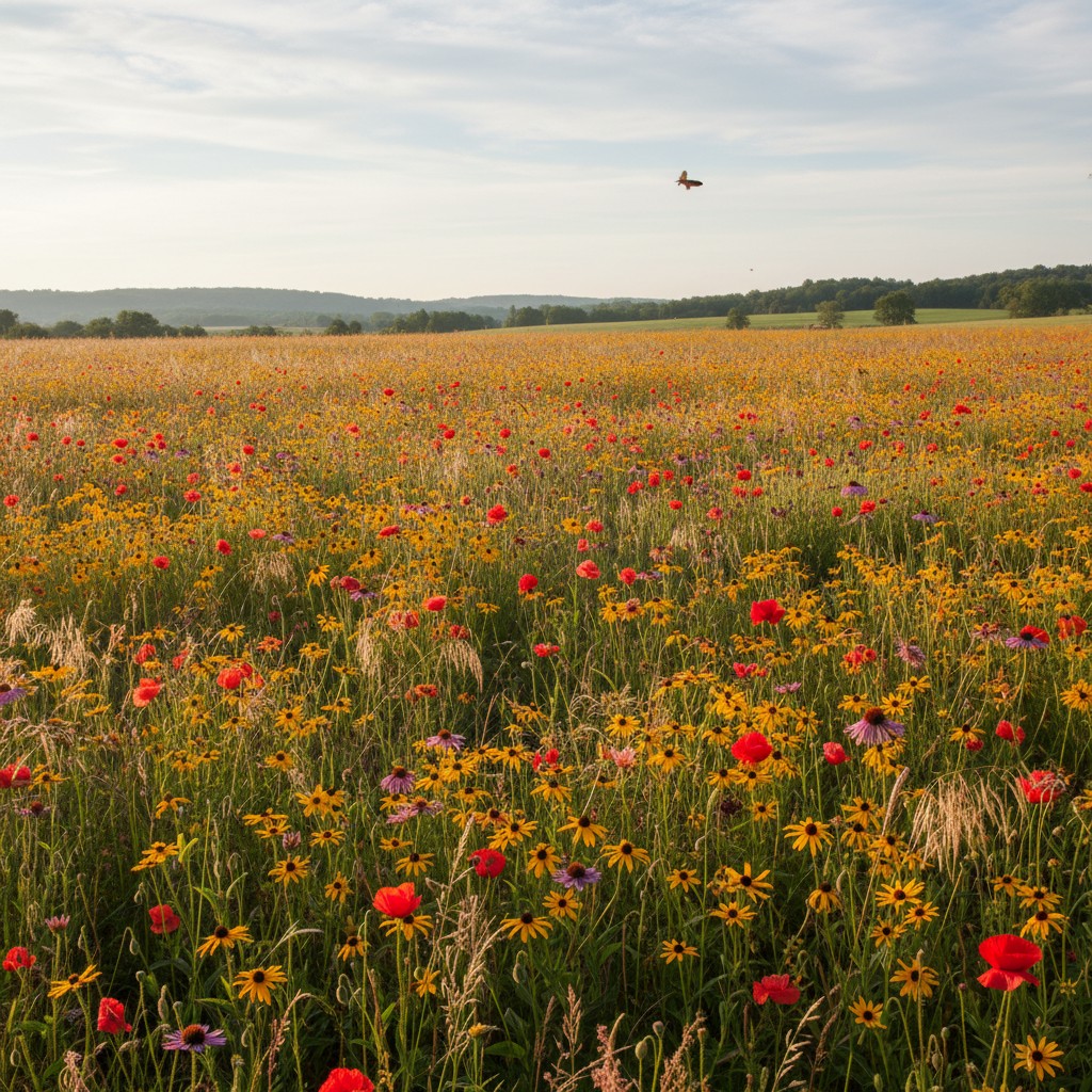 Established wildflower meadow in full bloom with bees and butterflies