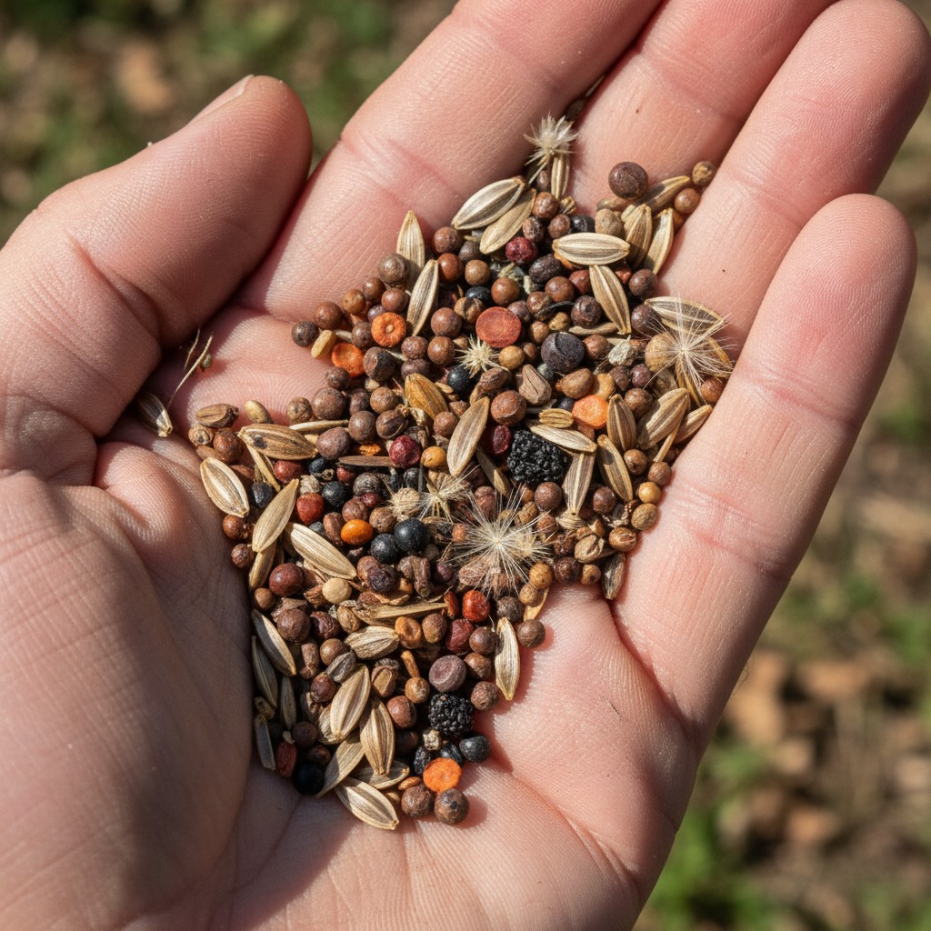 Handful of mixed native wildflower seeds in various shapes and sizes