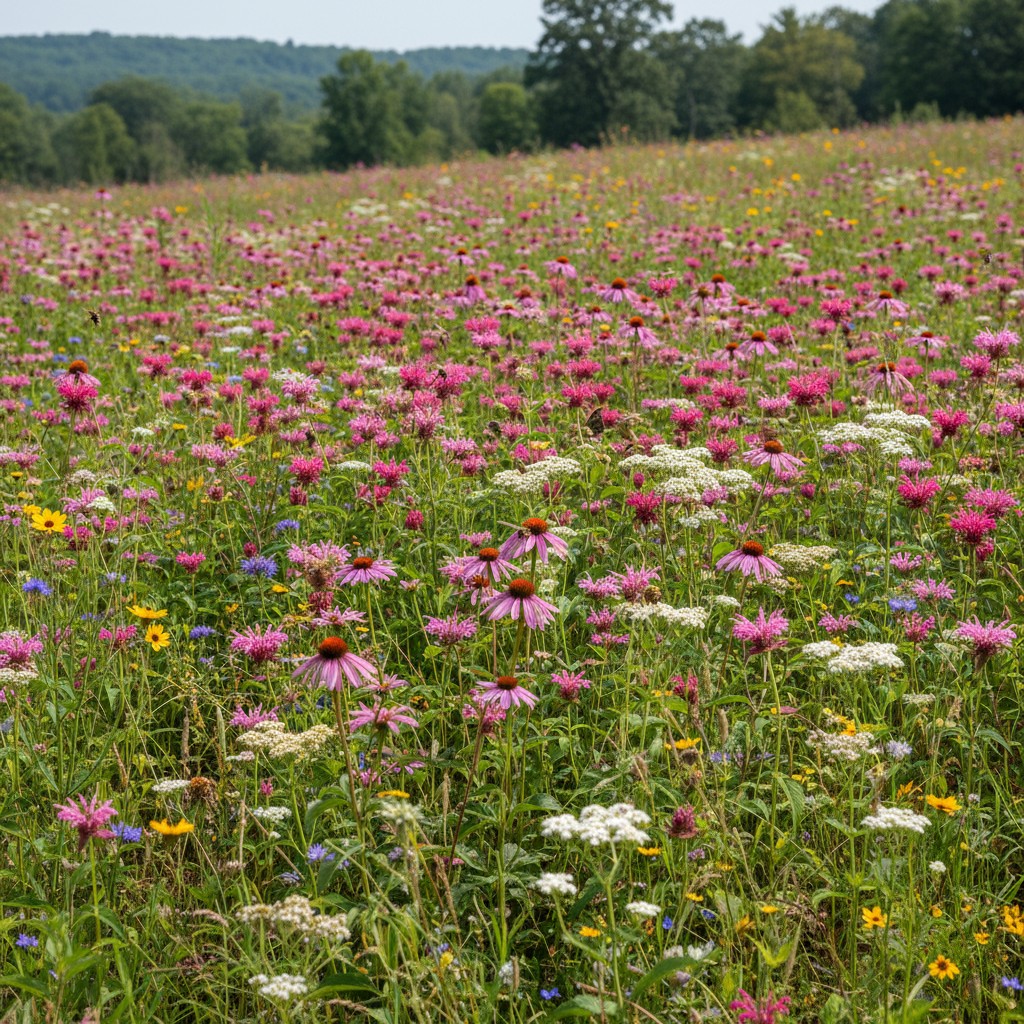 Second-year wildflower meadow with abundant coneflowers and bee balm