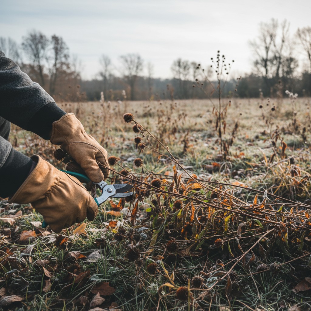 Hands cutting back dead wildflower stalks in late fall