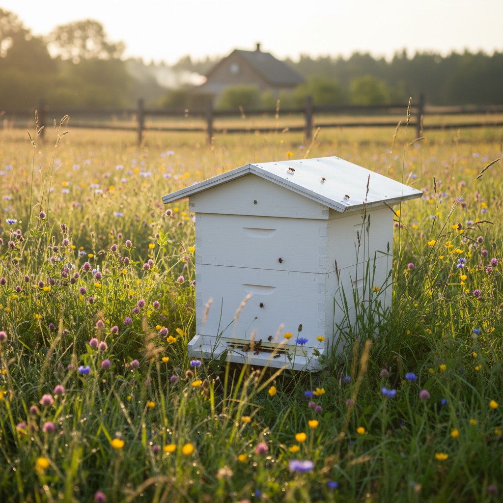 White Langstroth beehive in a sunny meadow with wildflowers