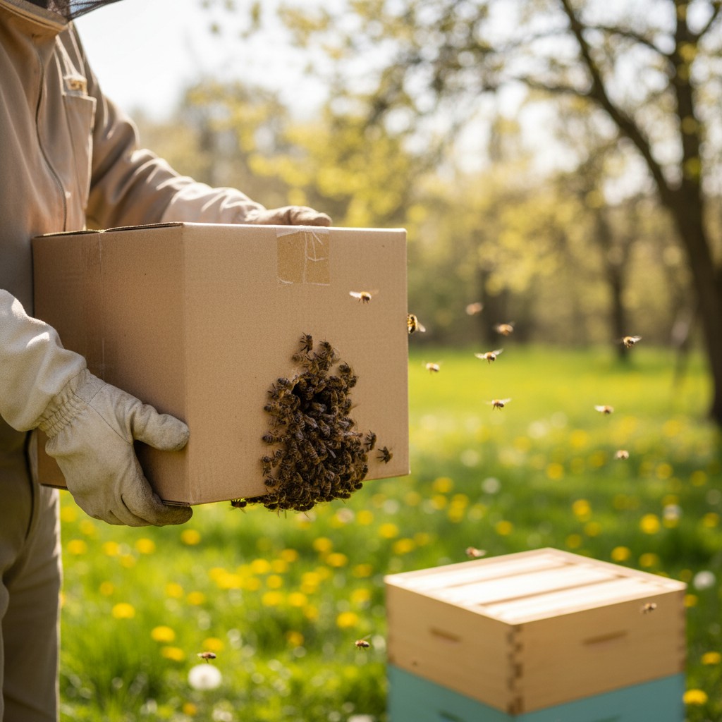 Nucleus bee colony cardboard box being installed