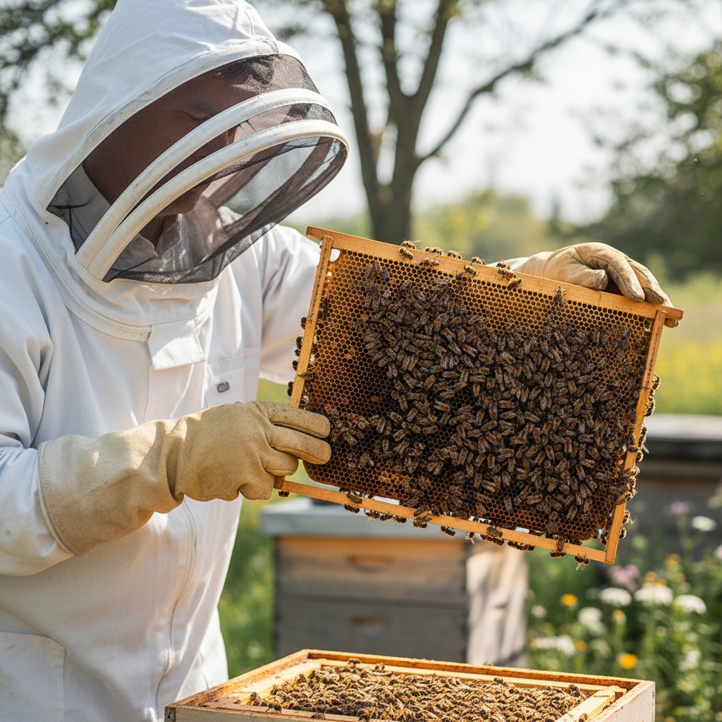 Beekeeper lifting a honeycomb frame from a Langstroth hive