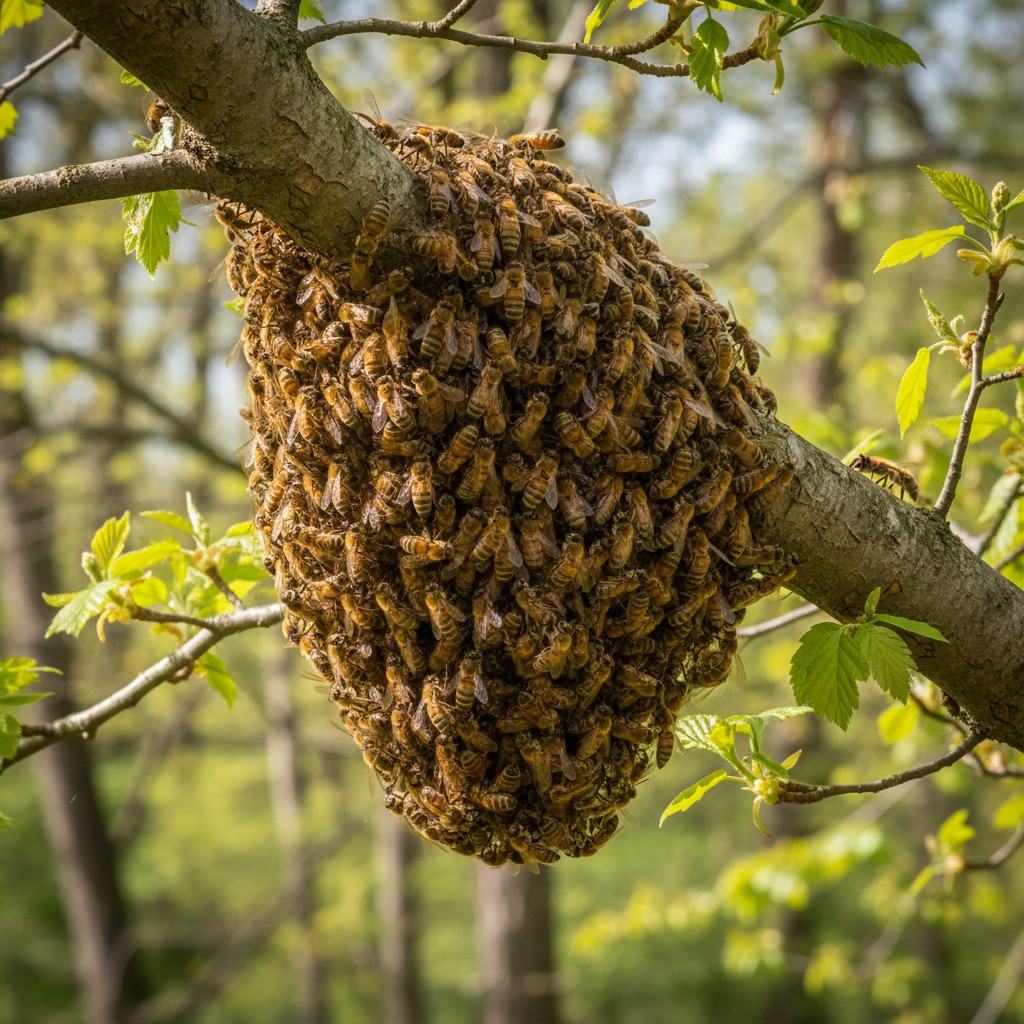 Cluster of honeybees hanging on a tree branch as a swarm