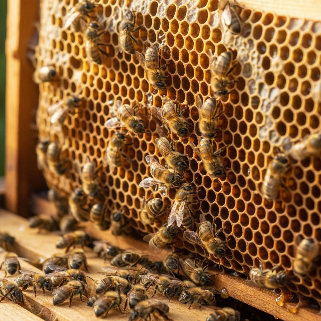 Honey bees working on a frame of capped honeycomb