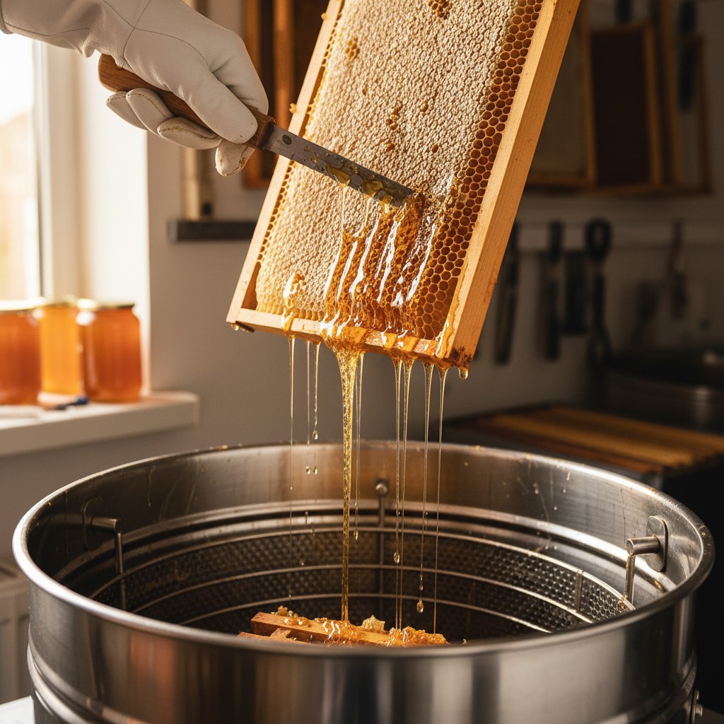 Uncapping knife on a frame of capped honeycomb over an extractor