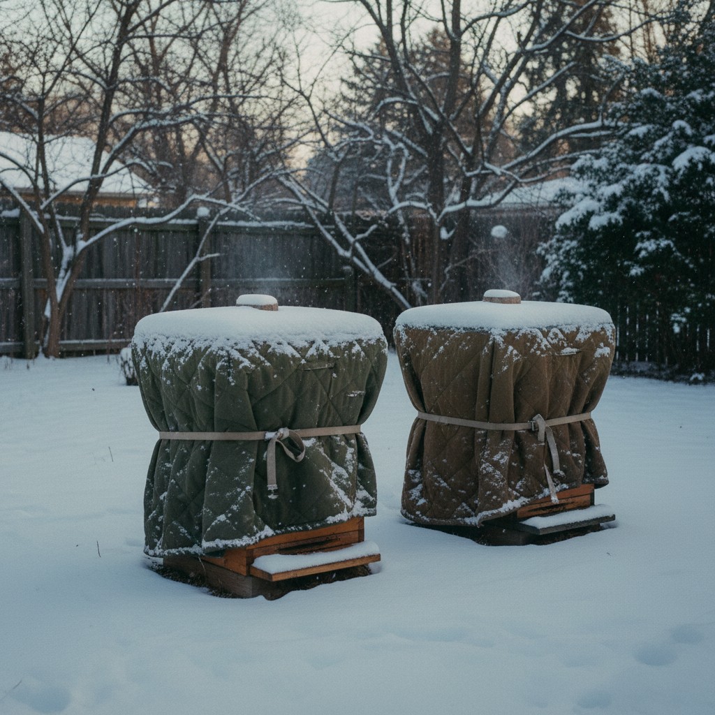 Insulated Langstroth hives in a snowy backyard winter